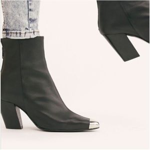 FREE PEOPLE + Farylrobin Ride or Fly Black Leather Ankle Boot Silver Cap Toe